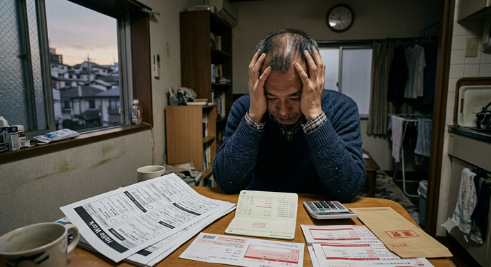 50代の日本人男性が、自宅の小さな部屋で一人、テーブルに座っている