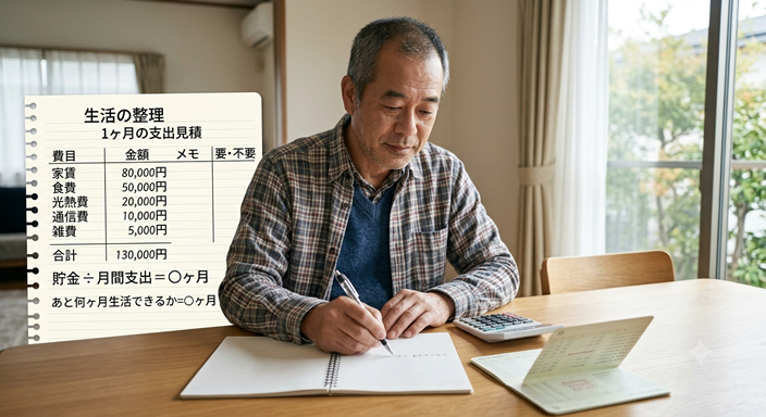 50代の日本人男性が明るい部屋で、ノートに家賃・食費・光熱費・通信費などを書き出している