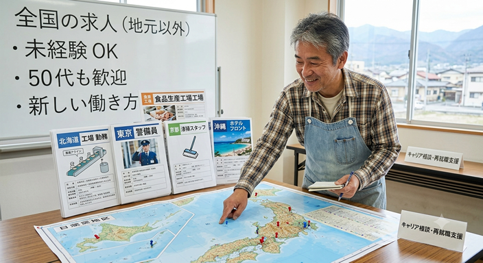 50代の日本人男性が、大きな日本地図と複数の求人情報を見比べている