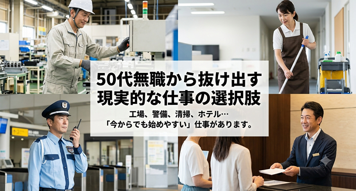 50代の日本人男女が、それぞれ違う仕事で働いているイメージ