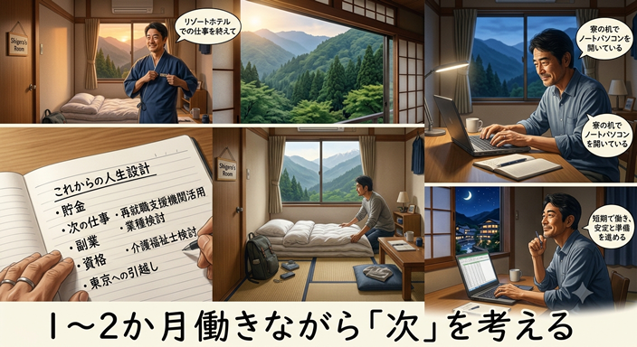 50代の日本人男性がリゾートホテルで仕事を終えたあと、寮の机でノートパソコンを開いている