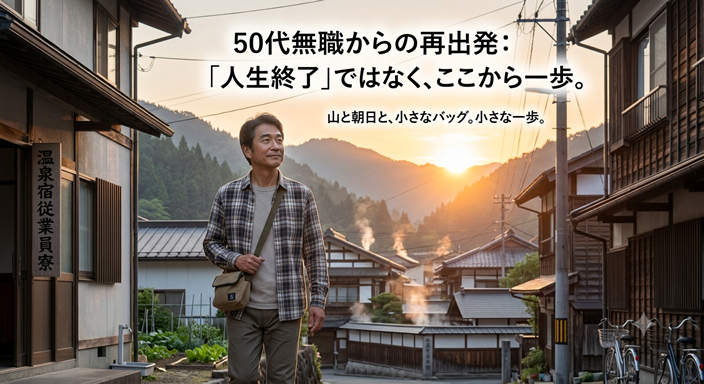 50代の日本人男性が小さなバッグを持ち、ホテルの寮から仕事へ向かって歩いている