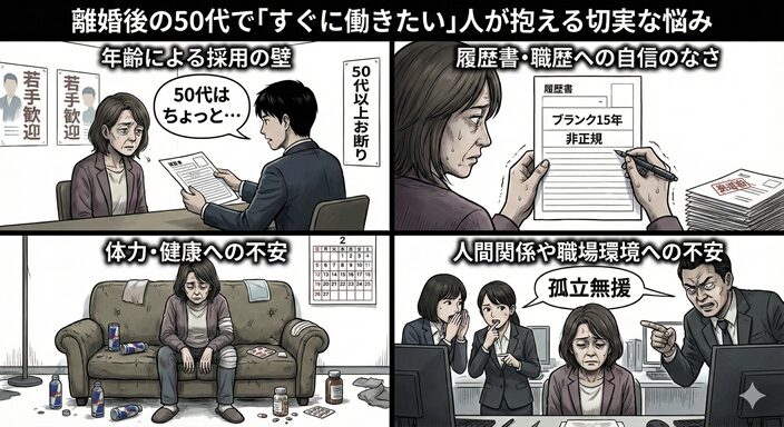 離婚後の50代で「すぐに働きたい」人が抱える切実な悩み、のイラスト図