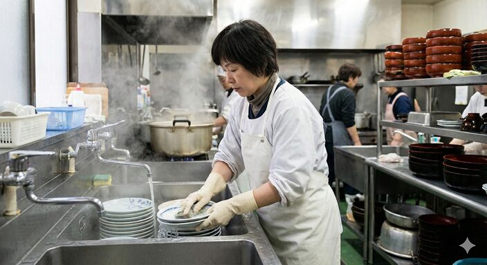 洗い物に集中する40代女性