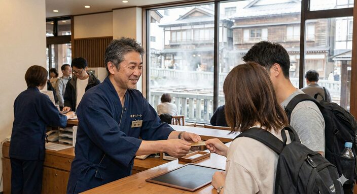 旅館のフロント業務を丁寧にこなす40代男性