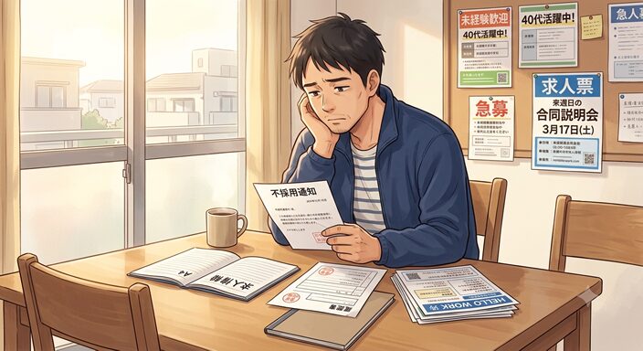 40代の男性が自宅のテーブルで不採用通知を見つめて落ち込んでいる