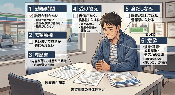 「面接中の40代男性が自信なさそうにうつむき、履歴書は簡素で、服装も少し乱れている