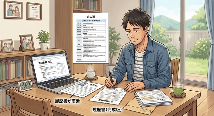 40代の男性が自宅で履歴書を書いている