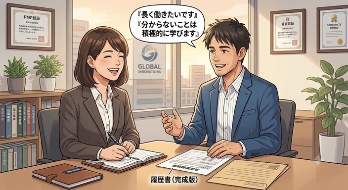 面接で質問に対して笑顔でハキハキ答える40代男性