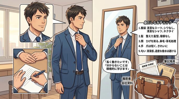 面接会場へ向かう前に鏡で身だしなみを確認する40代男性