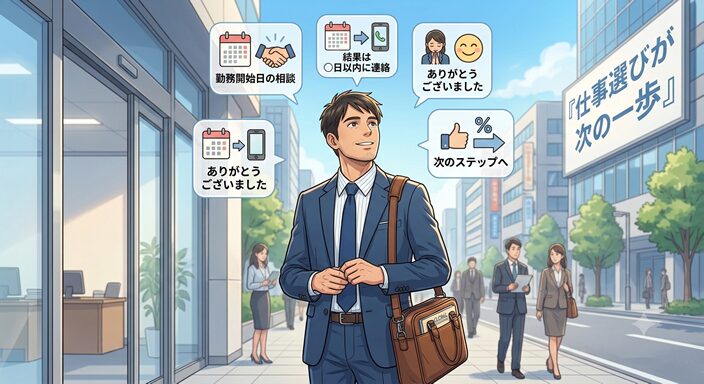 面接を終えた40代男性が建物の外へ出て、少し安心した表情で空を見上げている