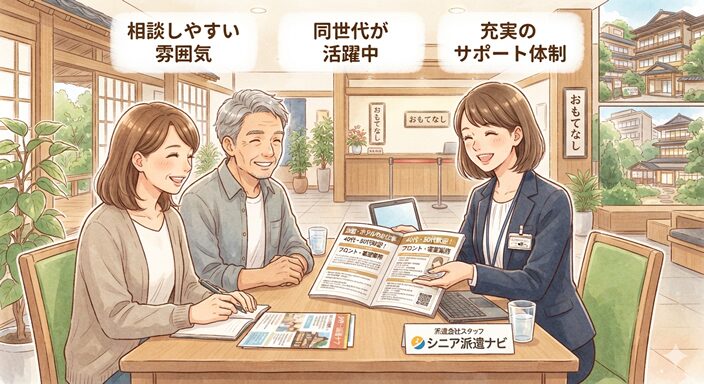 コンビニやスーパーの面接室で、40代の応募者と採用担当者が向かい合って話している