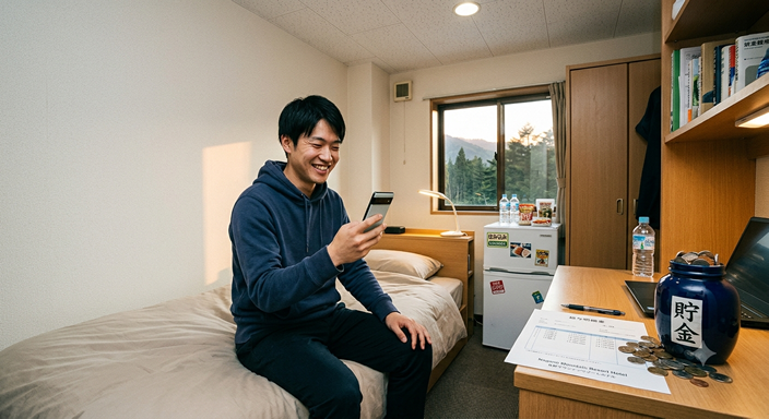 リゾートホテルの個室寮で暮らす若い日本人男性