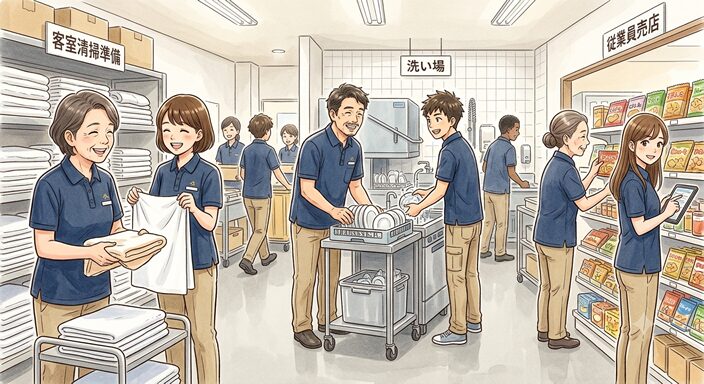 40代・50代のスタッフと20代スタッフが一緒に笑顔で働くホテルのバックヤード