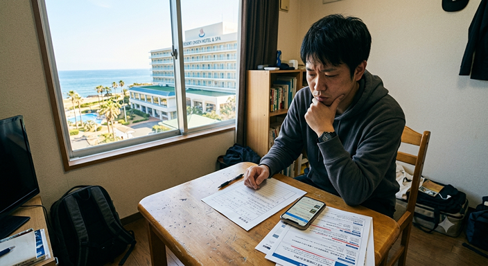 30代の日本人男性が、自宅の小さなテーブルで求人情報を見ながら不安そうに考えている