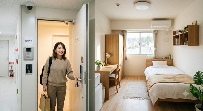 清潔で明るい女性専用の個室寮。