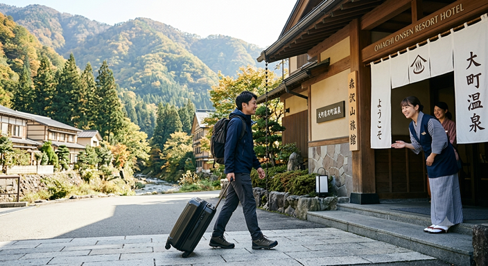 大きなリュックとキャリーバッグを持った20代〜30代の日本人男性が、自然豊かな温泉地のリゾートホテルに到着する