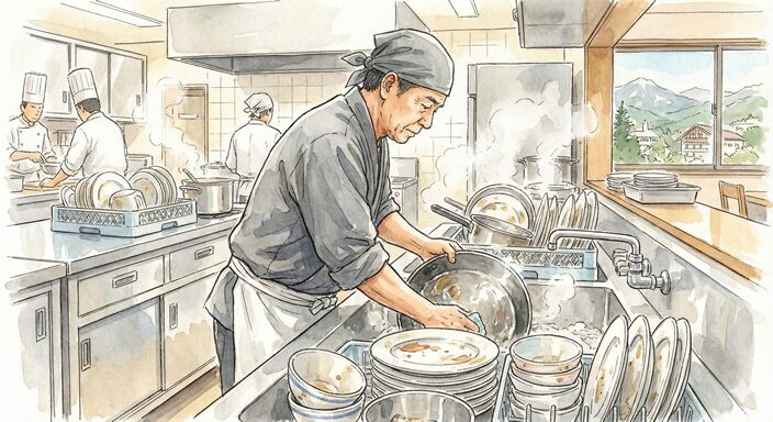 ホテル調理場皿洗いに一生懸命の４０代男性