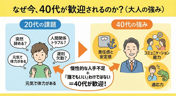 なぜ今、40代が歓迎されるのか？（大人の強み）のイラスト図