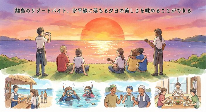 水平線に落ちる夕日を見ることができるイラスト