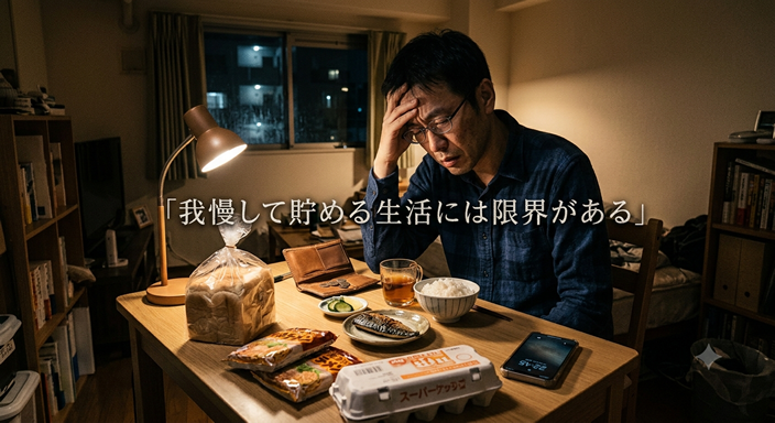 40代の日本人男性が、仕事を終えて疲れ切った表情で帰宅している