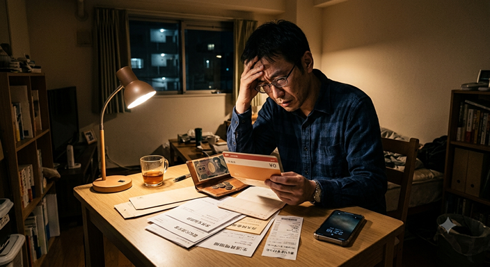 40代の日本人男性が、自宅の小さなテーブルで財布と通帳を見ながら深刻な表情をしている
