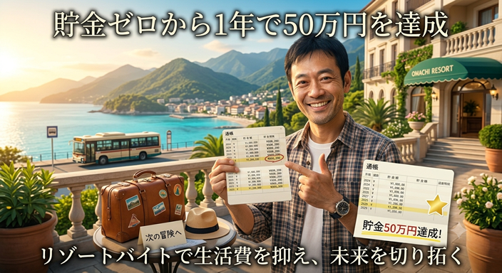 リゾート地で働き続けた40代の日本人男性が、晴れた朝に笑顔で通帳を確認している