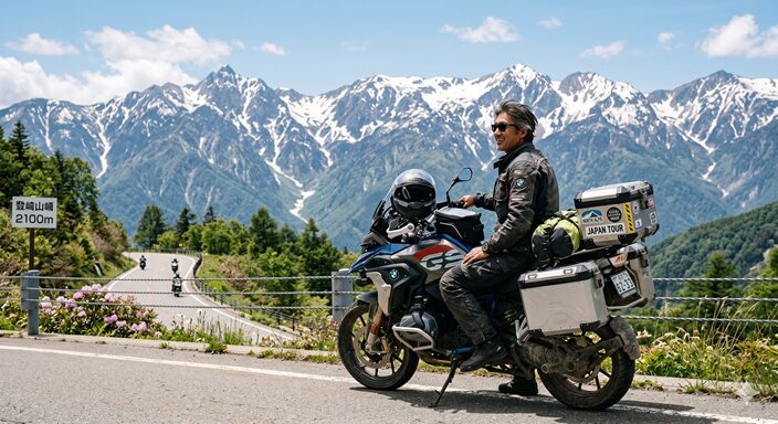 北アルプスを背景にバイク旅を続ける男性