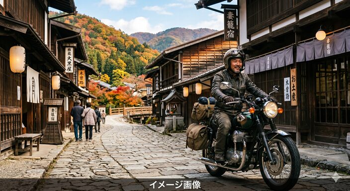 木曽路を走るバイク旅の男性