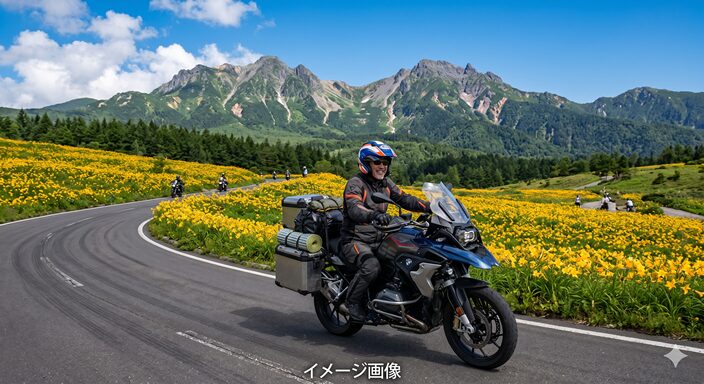 八が岳のニッコウキスゲの群生を走るバイク旅の男性