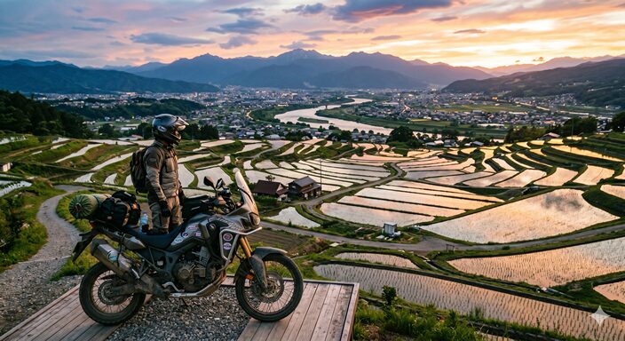 姨捨棚田から千曲川を眺めるバイク旅