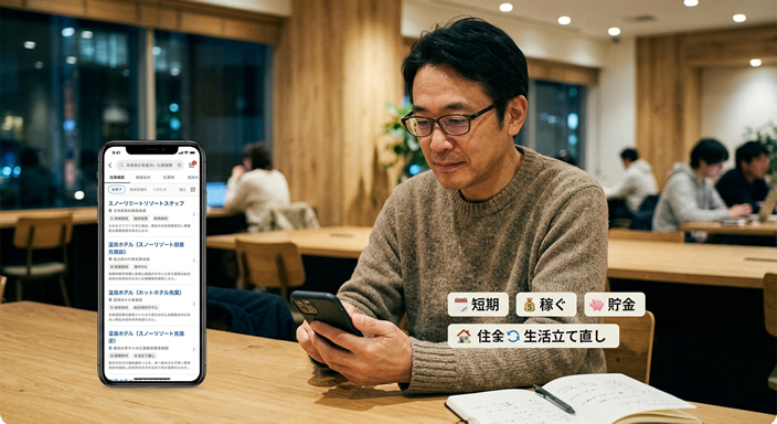 40〜50代くらいの男性が、スマホを見ながらリゾートバイトの求人を比較している