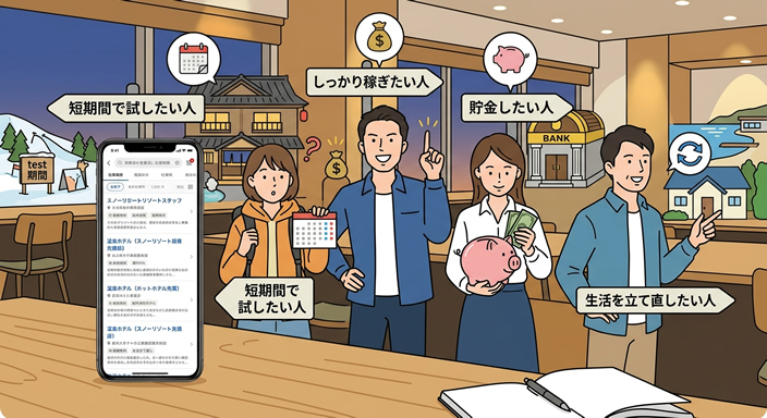 4人の働く人を軽いイラスト風に並べる