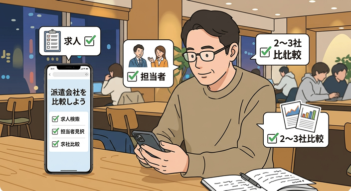 初めてリゾートバイトを探す40代くらいの男性が、スマホとメモを手に派遣会社を比較している