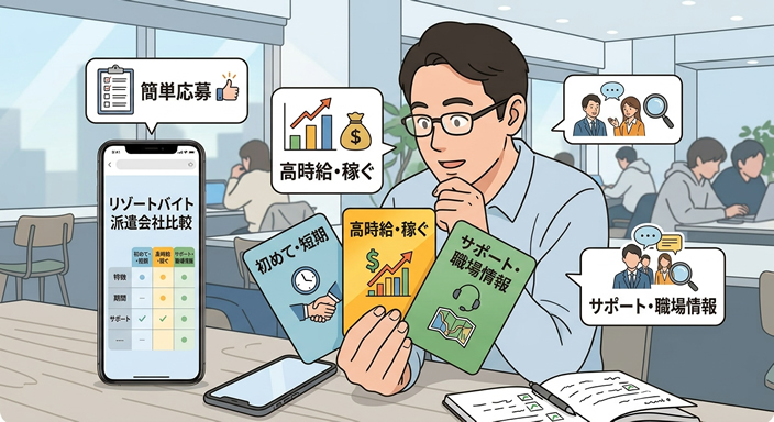 40〜50代くらいの男性が、3つの派遣会社を比較している場面